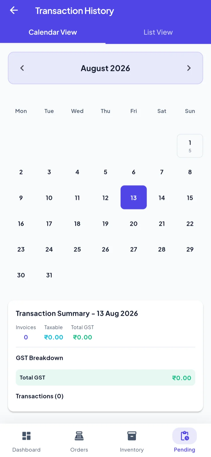 Transaction history in calendar view, with a month grid and a toggle between calendar and list.