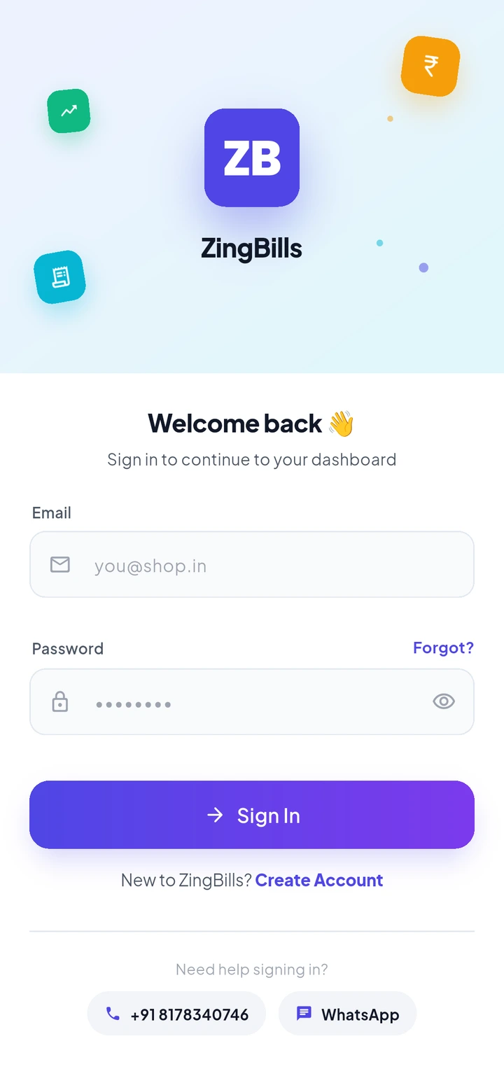 ZingBills sign-in screen with the ZB mark, a rupee/receipt/growth icon cluster on a light gradient, and the sign-in form below.