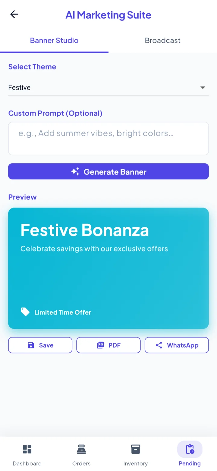 AI Marketing Suite: a Banner Studio tab with theme selection and a custom prompt box, a generated Festive Bonanza banner preview, and Save, PDF and WhatsApp buttons.