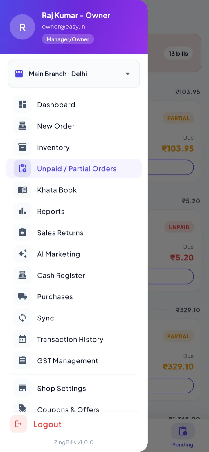 Side menu listing every module: dashboard, new order, inventory, unpaid orders, khata book, reports, sales returns, AI marketing, cash register, purchases, sync and settings.