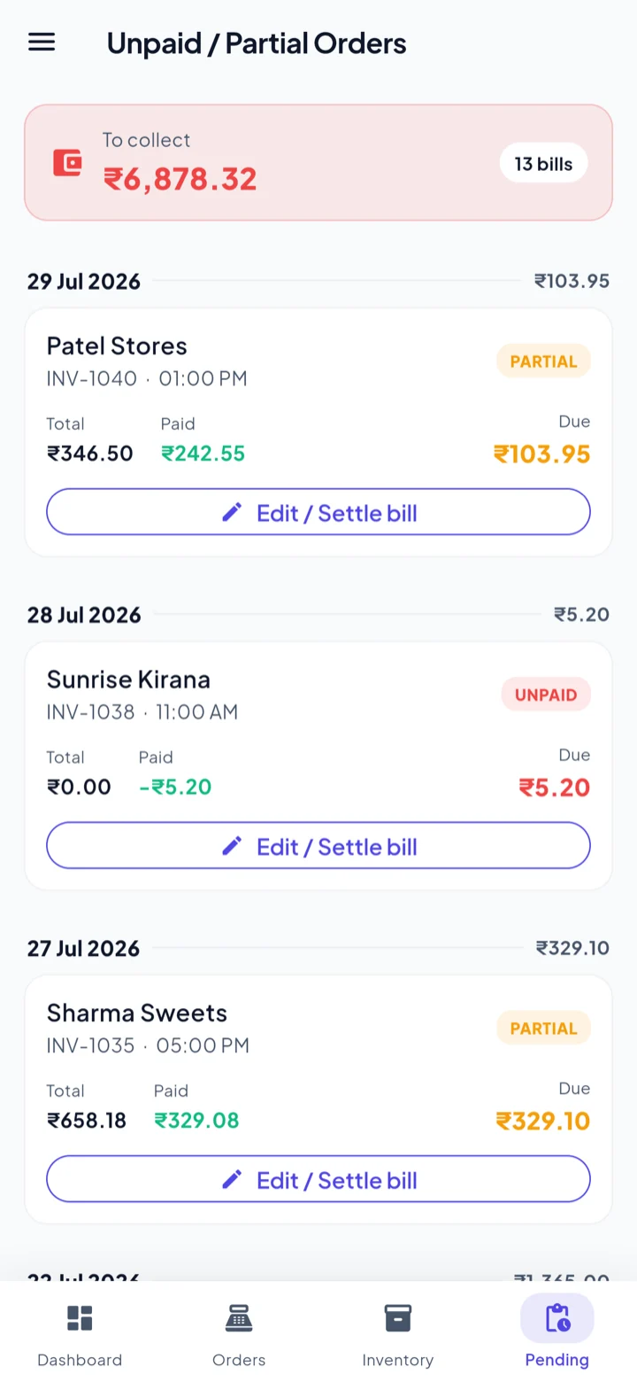 Unpaid and partial orders screen showing a total to collect of ₹6,878.32 across 13 bills, with an Edit or Settle action on each.