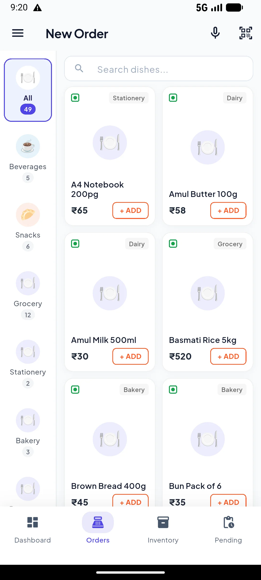 New Order screen: items in a grid under category chips, each with price and an Add button. Some tiles carry orange low-stock badges and red automatic discount badges.