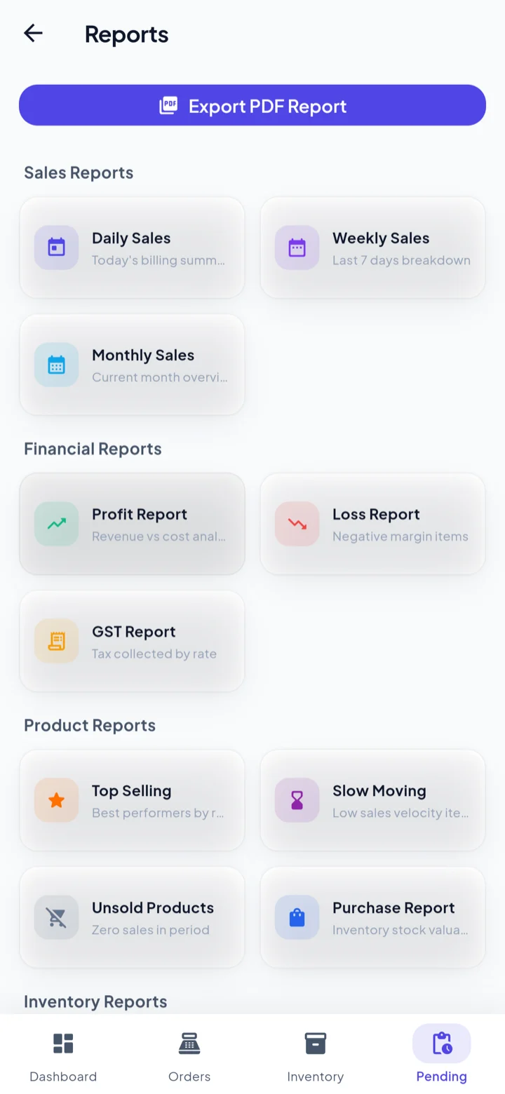 Reports hub listing fourteen reports grouped into sales, financial, product, inventory and party sections.