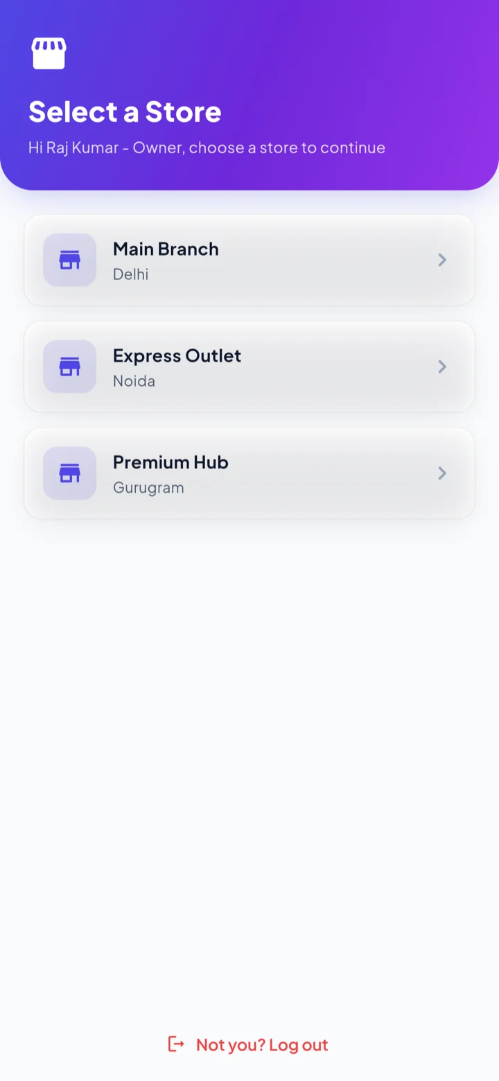 Select a Store screen listing five branches, each with a city underneath.