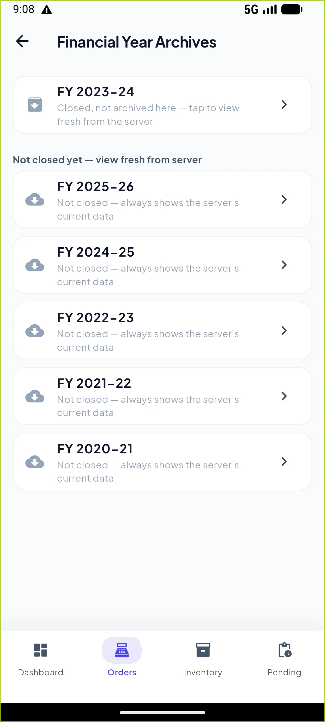 Financial Year Archives screen listing FY 2023-24 as closed, and FY 2025-26 down to FY 2020-21 as not yet closed, each viewable fresh from the server.