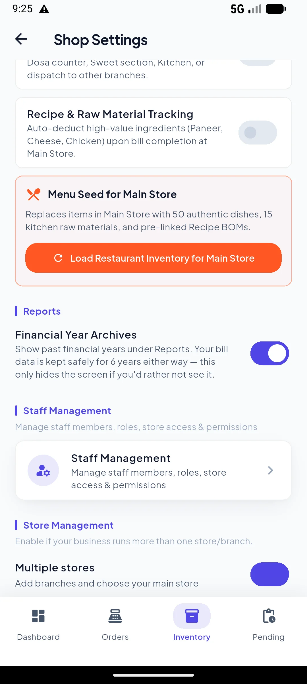 Shop Settings Reports section with a Financial Year Archives toggle, switched on, captioned: bill data is kept safely for 6 years either way, this only hides the screen if you'd rather not see it.